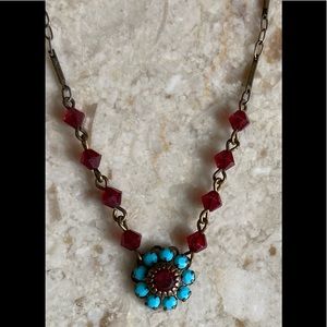 LIZ PAIACIOS San Francisco Vintage Red & Sky Blue Crystal Flower Necklace